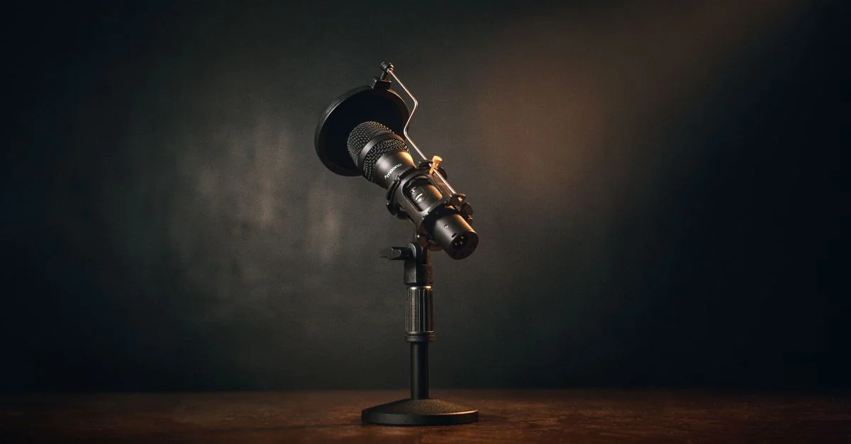 Gros plan sur un microphone professionnel installé dans un studio d'enregistrement faiblement éclairé.