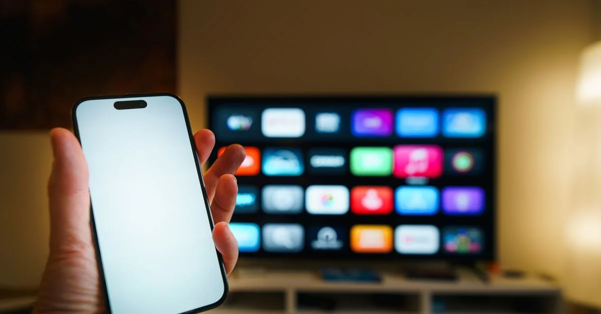 Un smartphone au premier plan avec une TV intelligente affichant des applications dans un salon confortable.